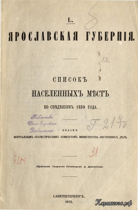 Список населенных мест Ярославской губернии 1859